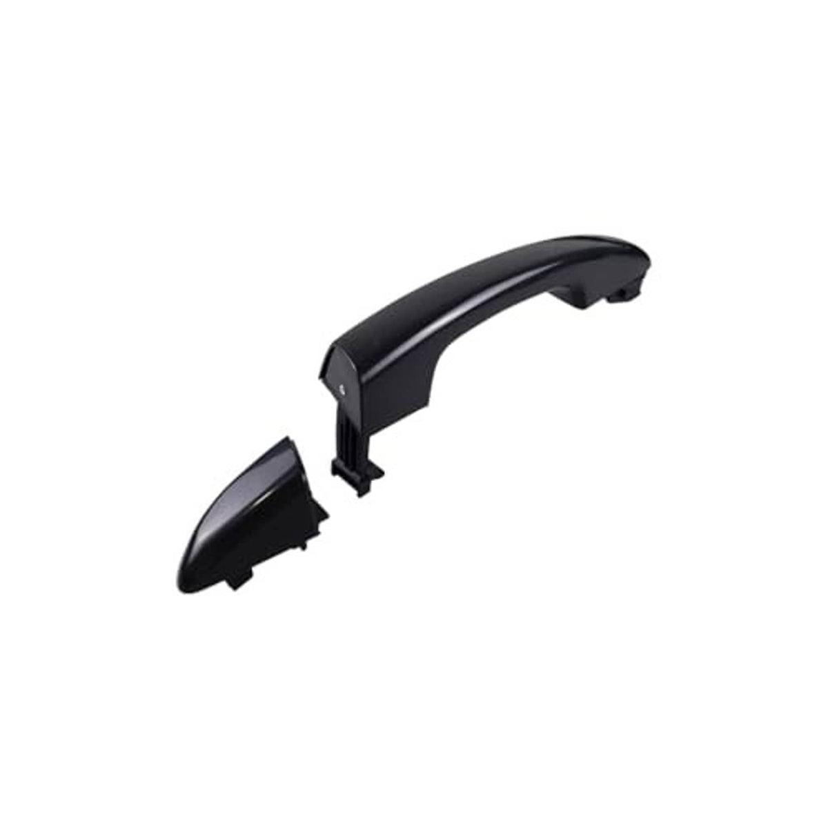 Black exterior door handle and companion trim cover, angled view