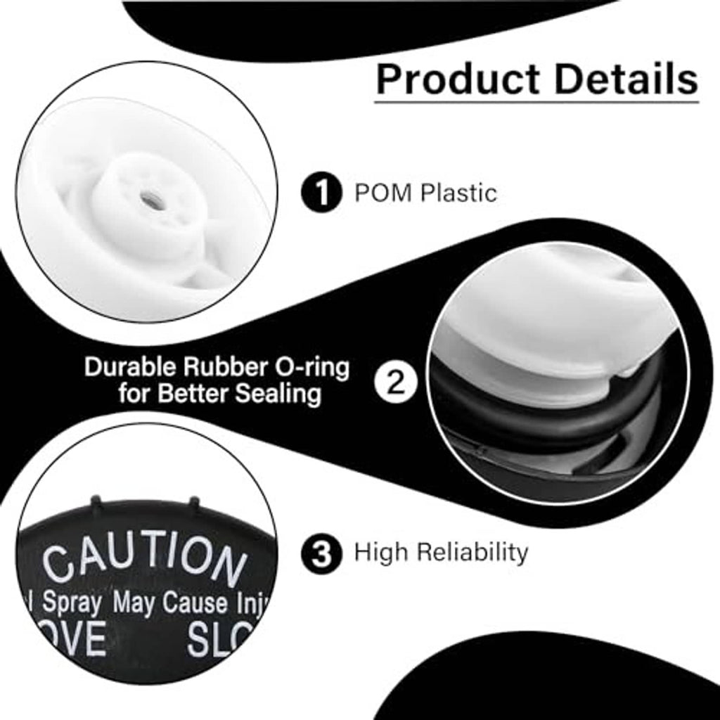 Fuel gas cap close-up with product detail callouts: POM plastic, rubber O-ring, high reliability