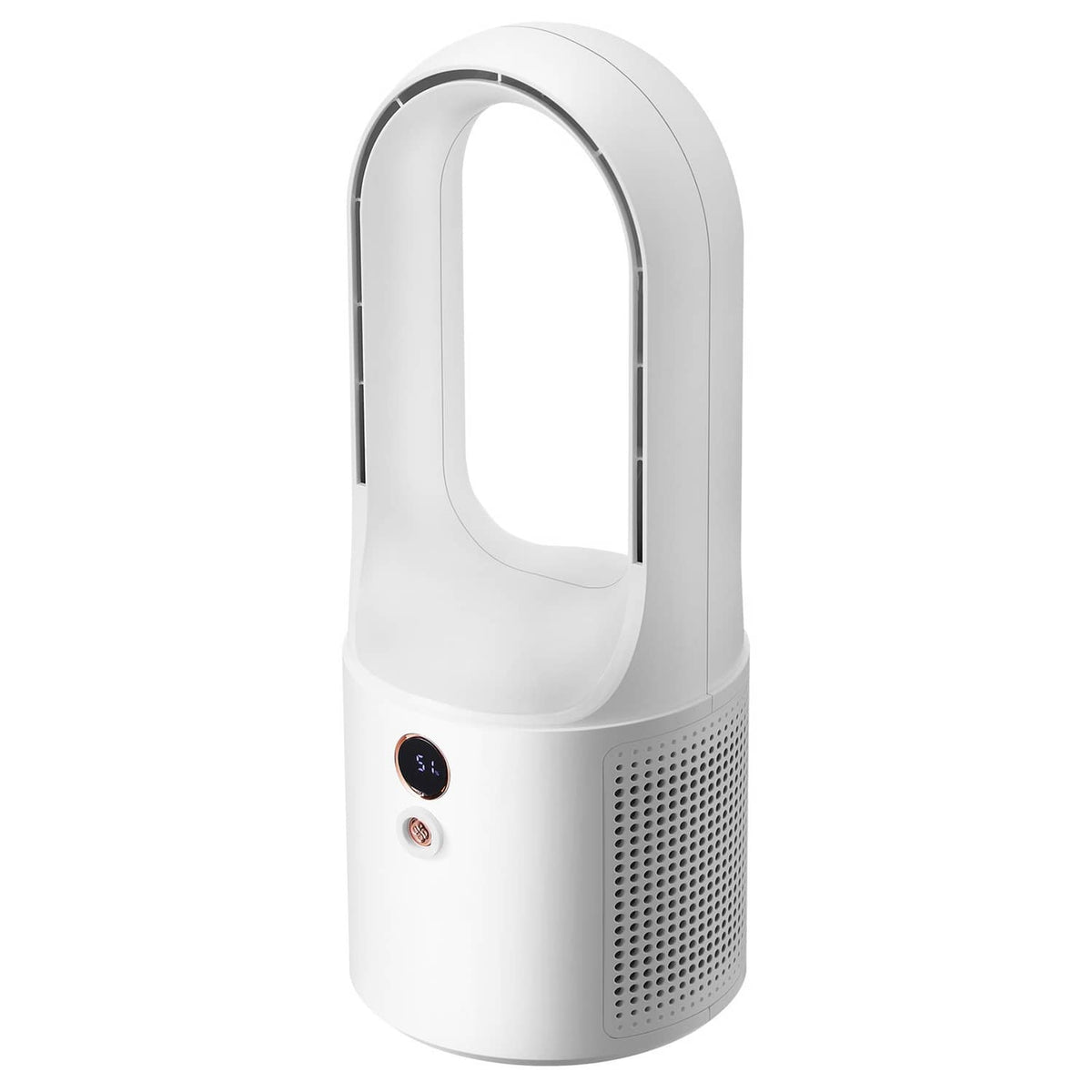 White bladeless portable desk fan in 3/4 view with arched airflow opening and grille.