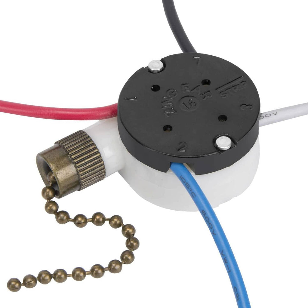Ceiling fan pull chain switch with brass chain and red, blue, white wires, black base
