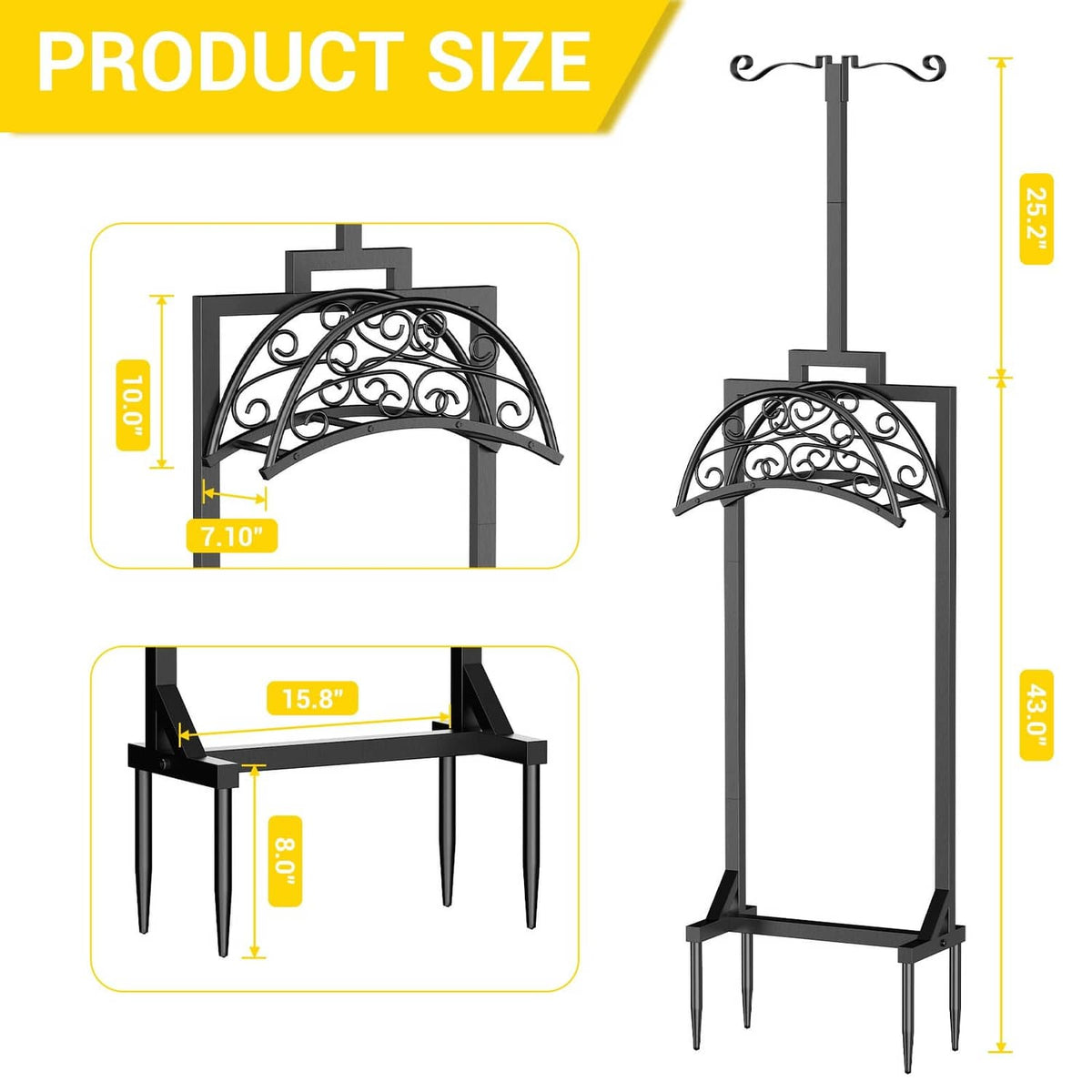 Black garden hose holder diagram with arched frame and measurement dimensions