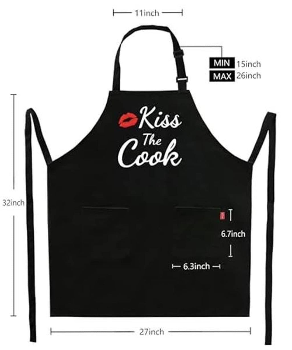 Black apron with “Kiss the Cook” logo, front pocket, and adjustable neck strap