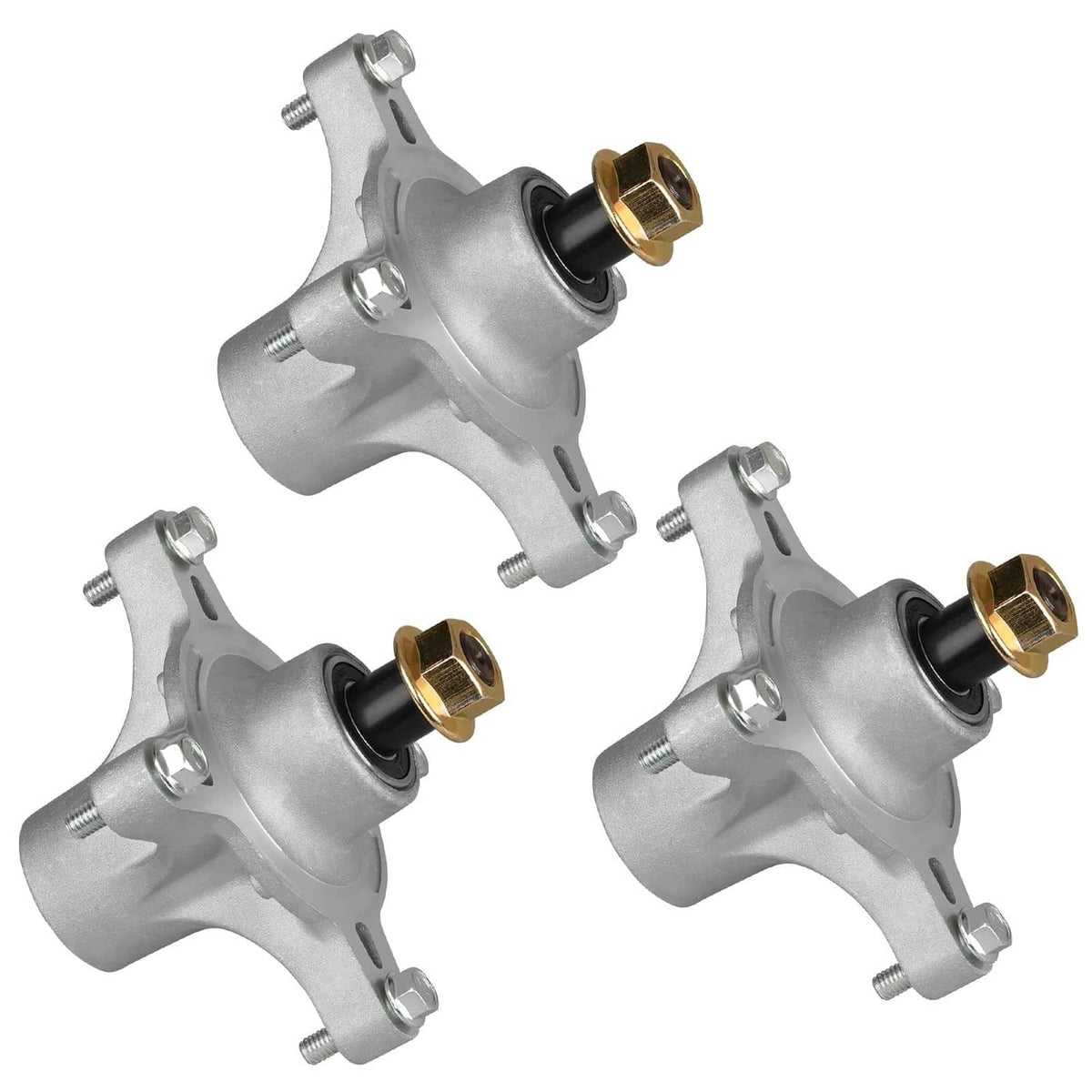 3-pack mower spindle assemblies, silver metal with black bushing and brass fitting