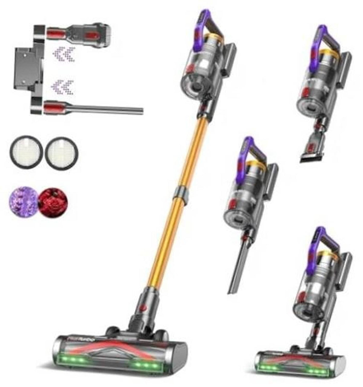 Cordless stick vacuum cleaner with purple/gray cyclone body and green-lit floor nozzle