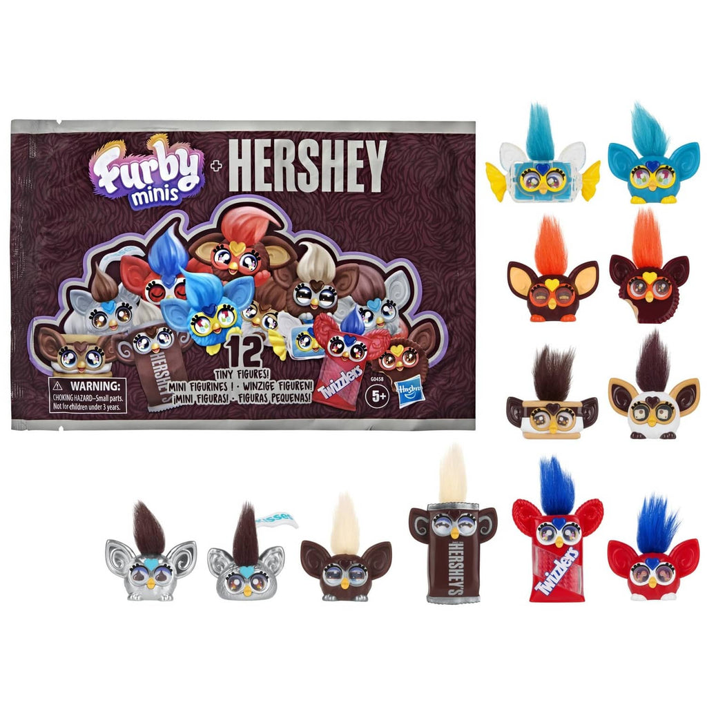 Furby minis x Hershey 12 mini figures box with small character figures displayed