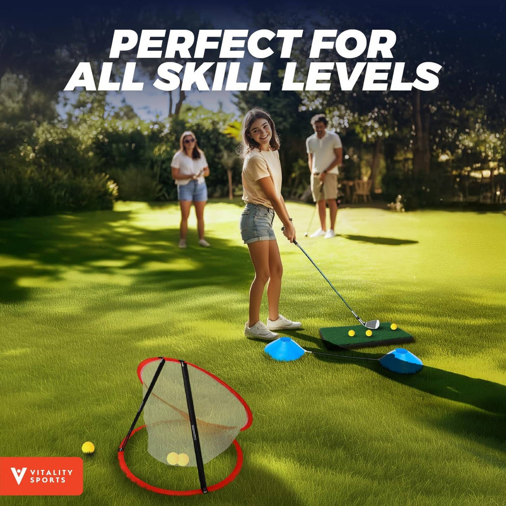 Golf chipping target net in use with red 10-point frame on the grass