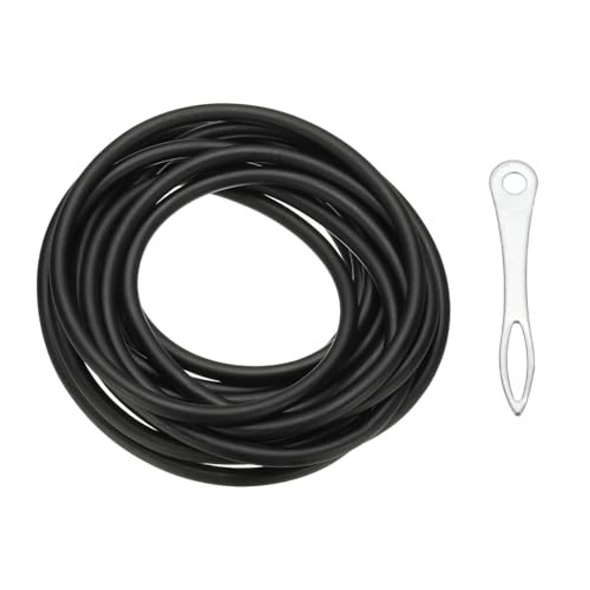 Black rubber tubing coil with silver loop connector accessory