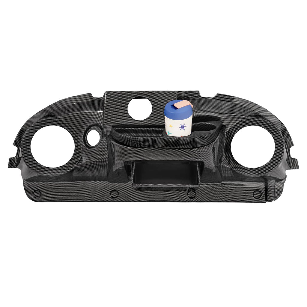 Carbon fiber style golf cart dashboard cover, black, with speaker holes and center recess