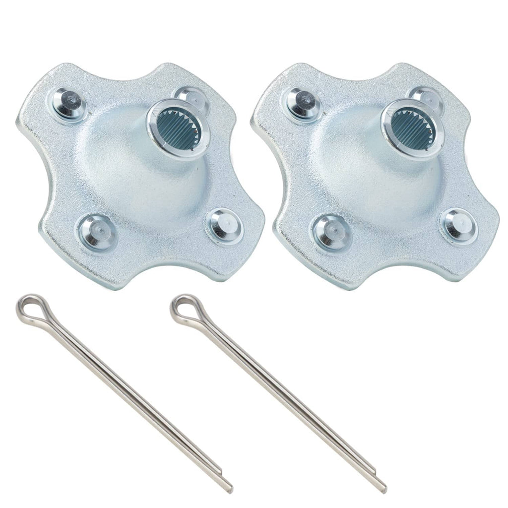 Pair of silver wheel hubs with mounting holes and two cotter pins