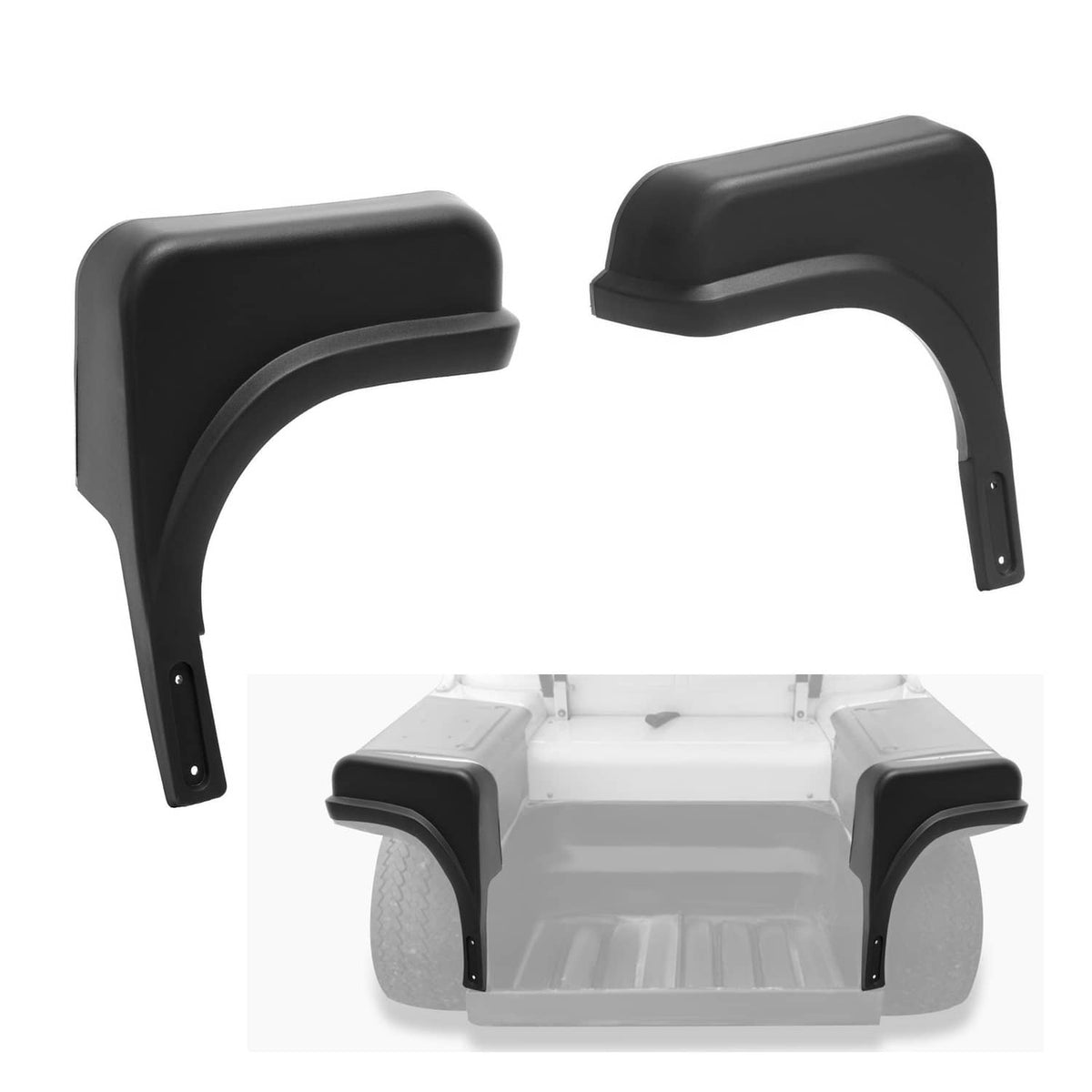 Black plastic fender cap set for golf cart, front driver and passenger side, curved