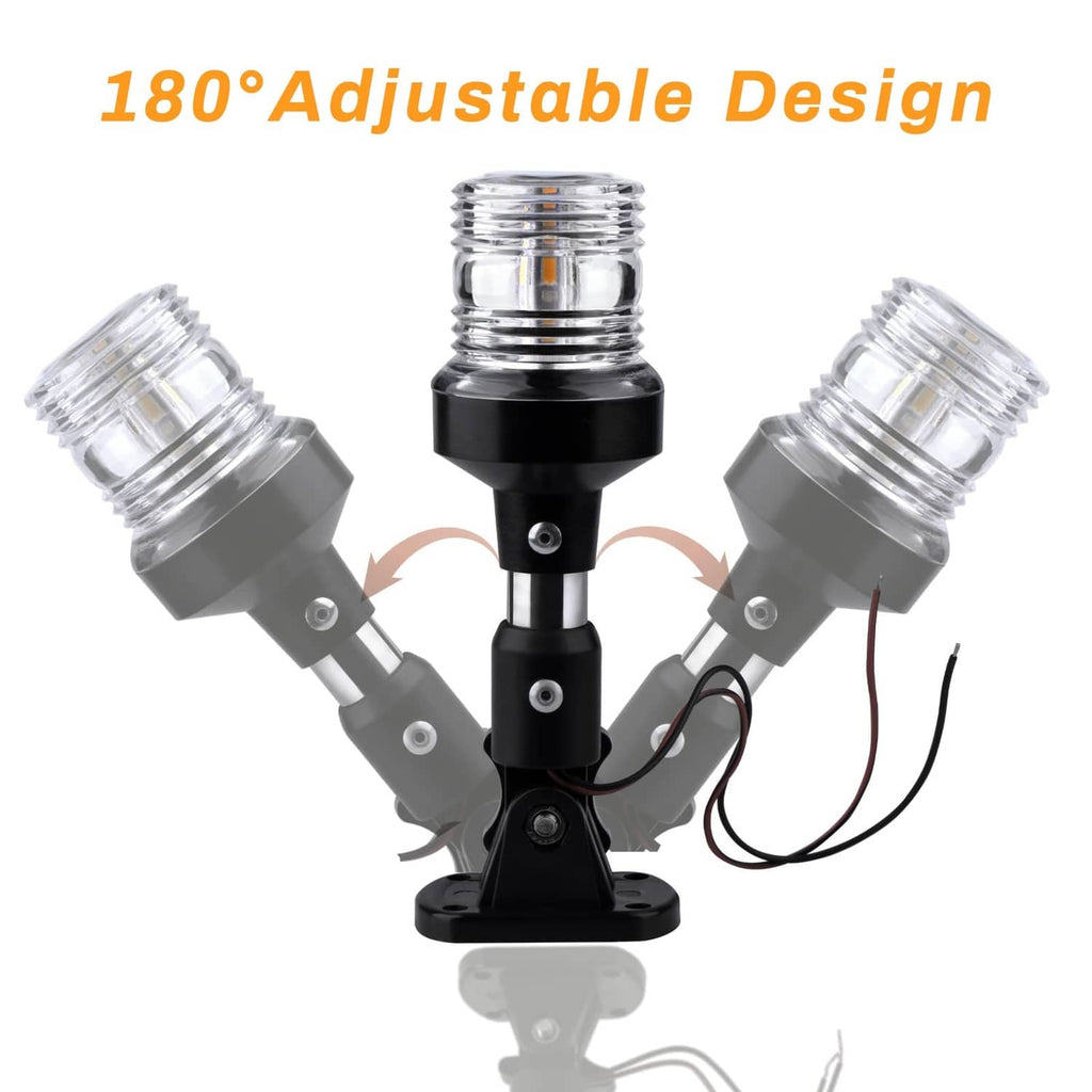 Adjustable boat stern light with multiple clear LED lens heads on black stand