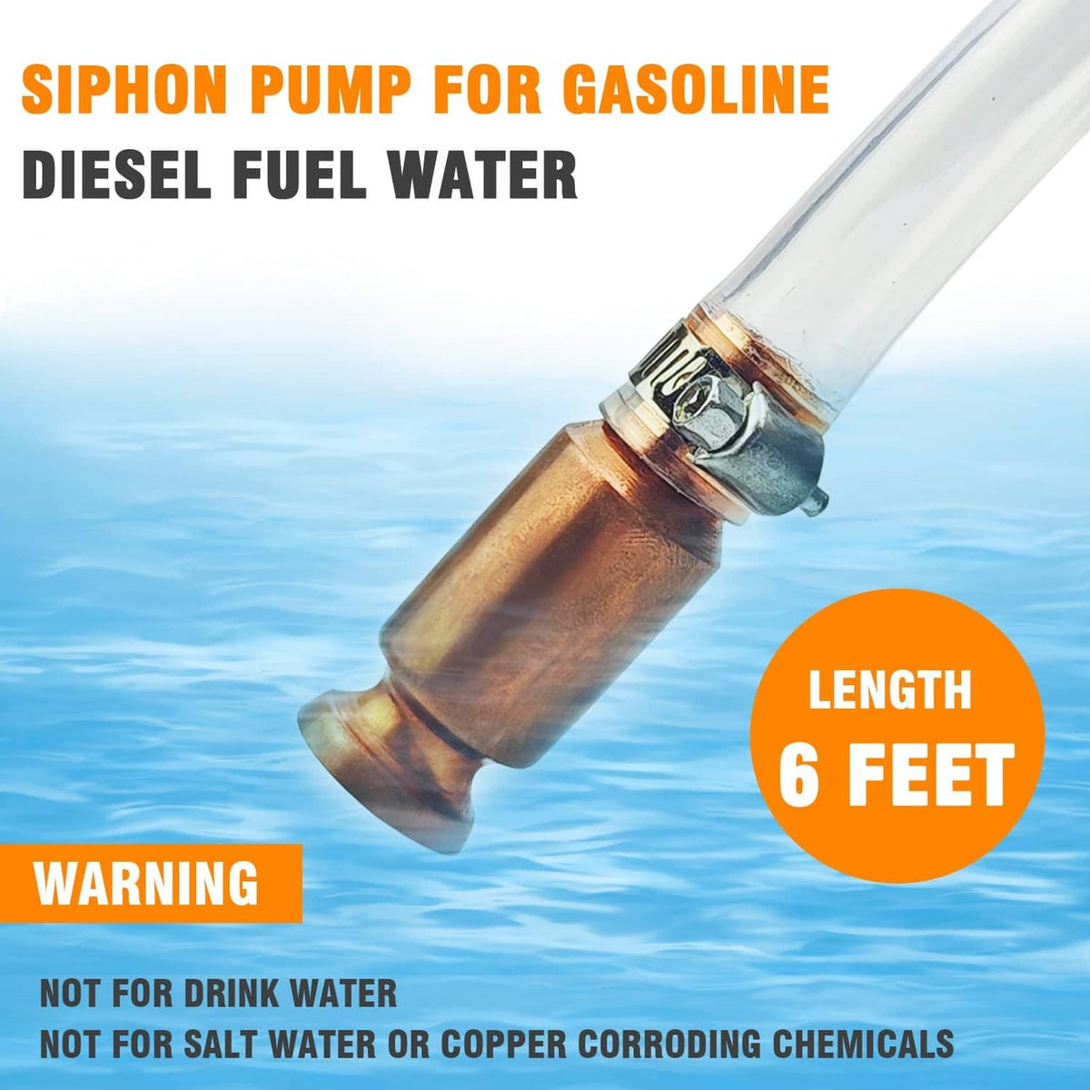 Gas siphon pump nozzle with copper/brass valve fitting and clear hose section