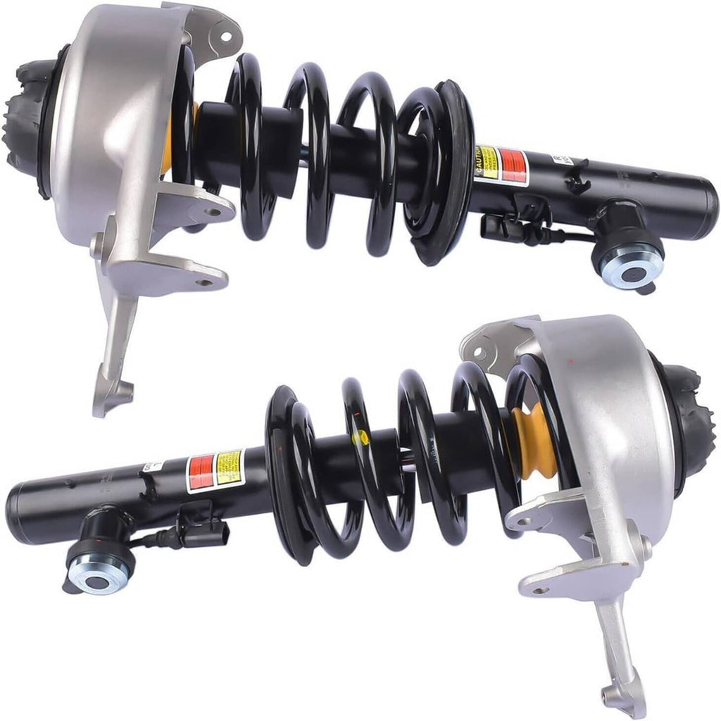 Electronic front shock strut assemblies shown at angle with coil springs and control arms