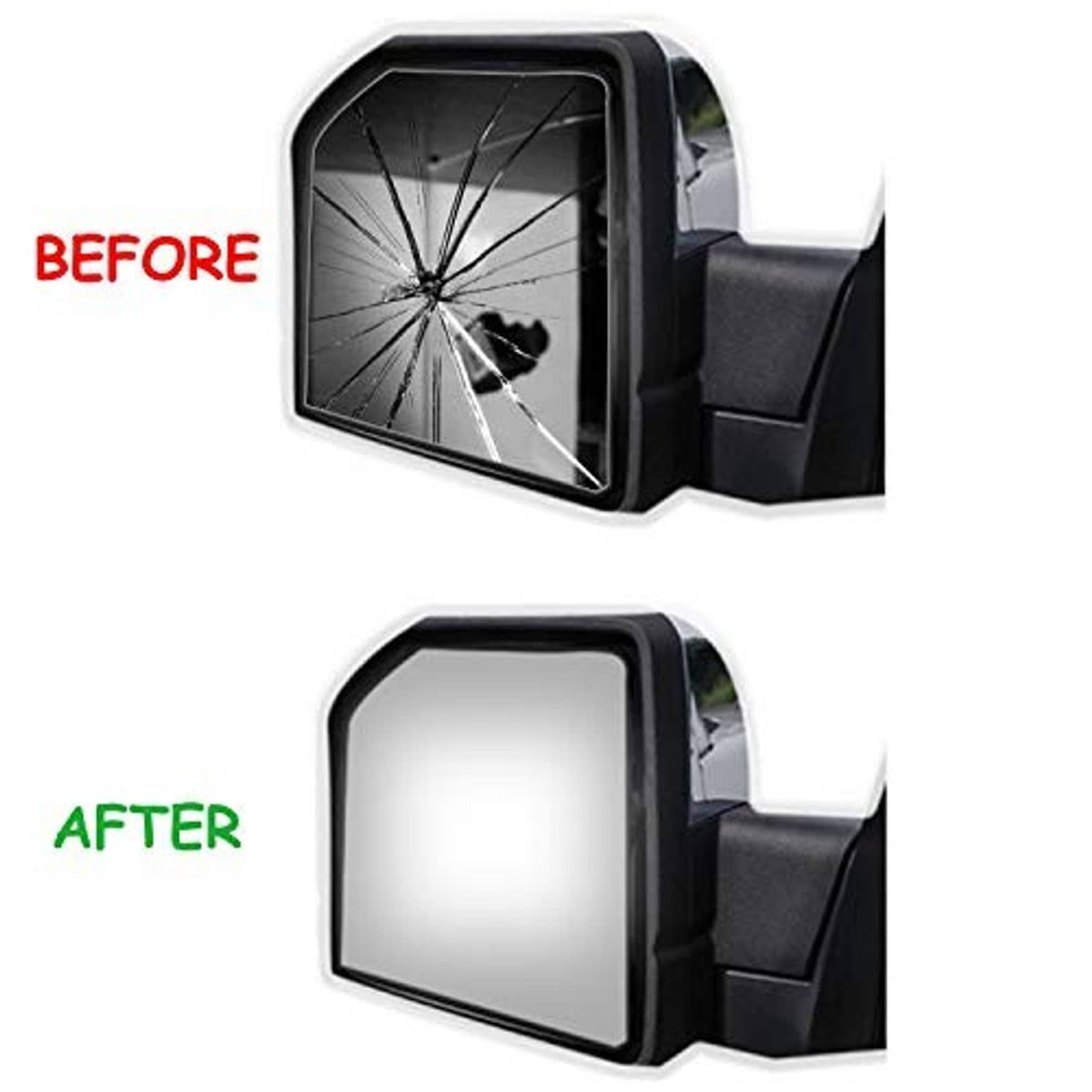 Side mirror showing broken glass before and new silver mirror glass after