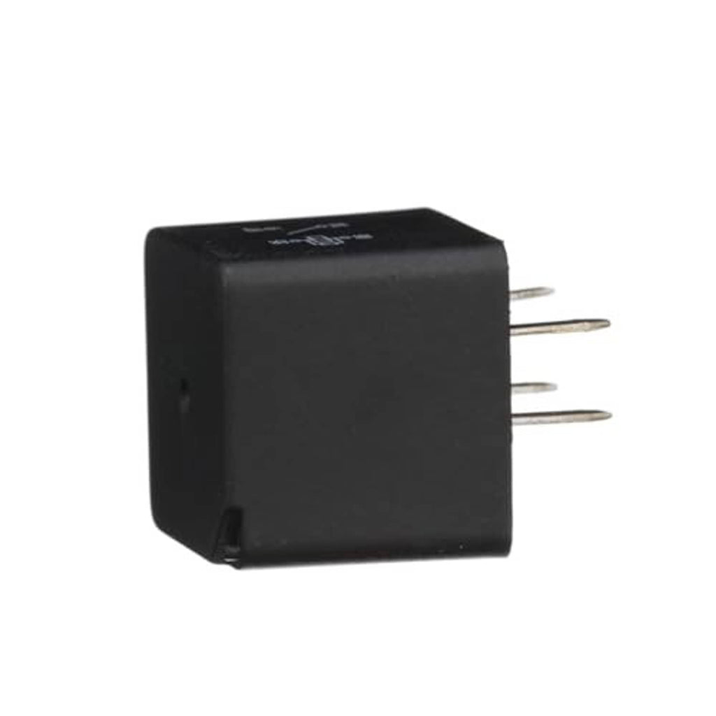 Black relay block with three metal blade pins extending from the side