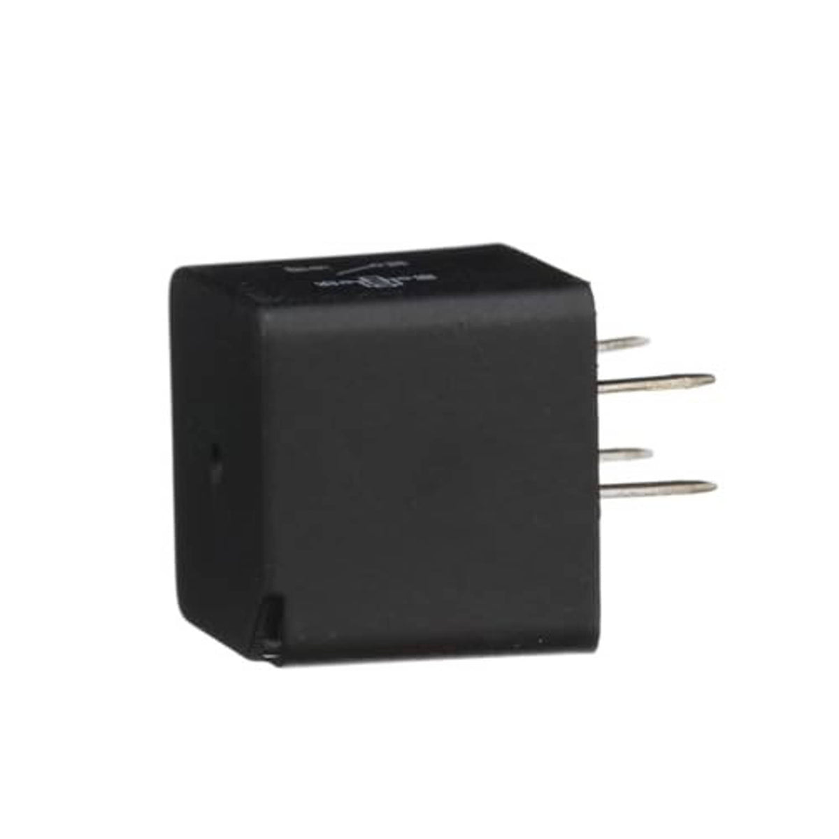 Black relay block with three metal blade pins extending from the side