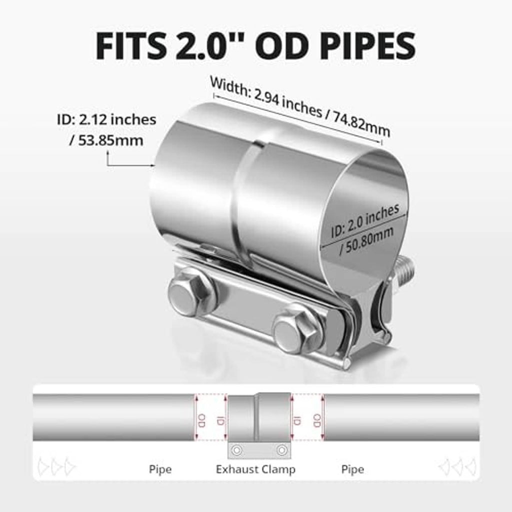 Metal exhaust band clamp for 2-inch OD pipes with adjustable bolts