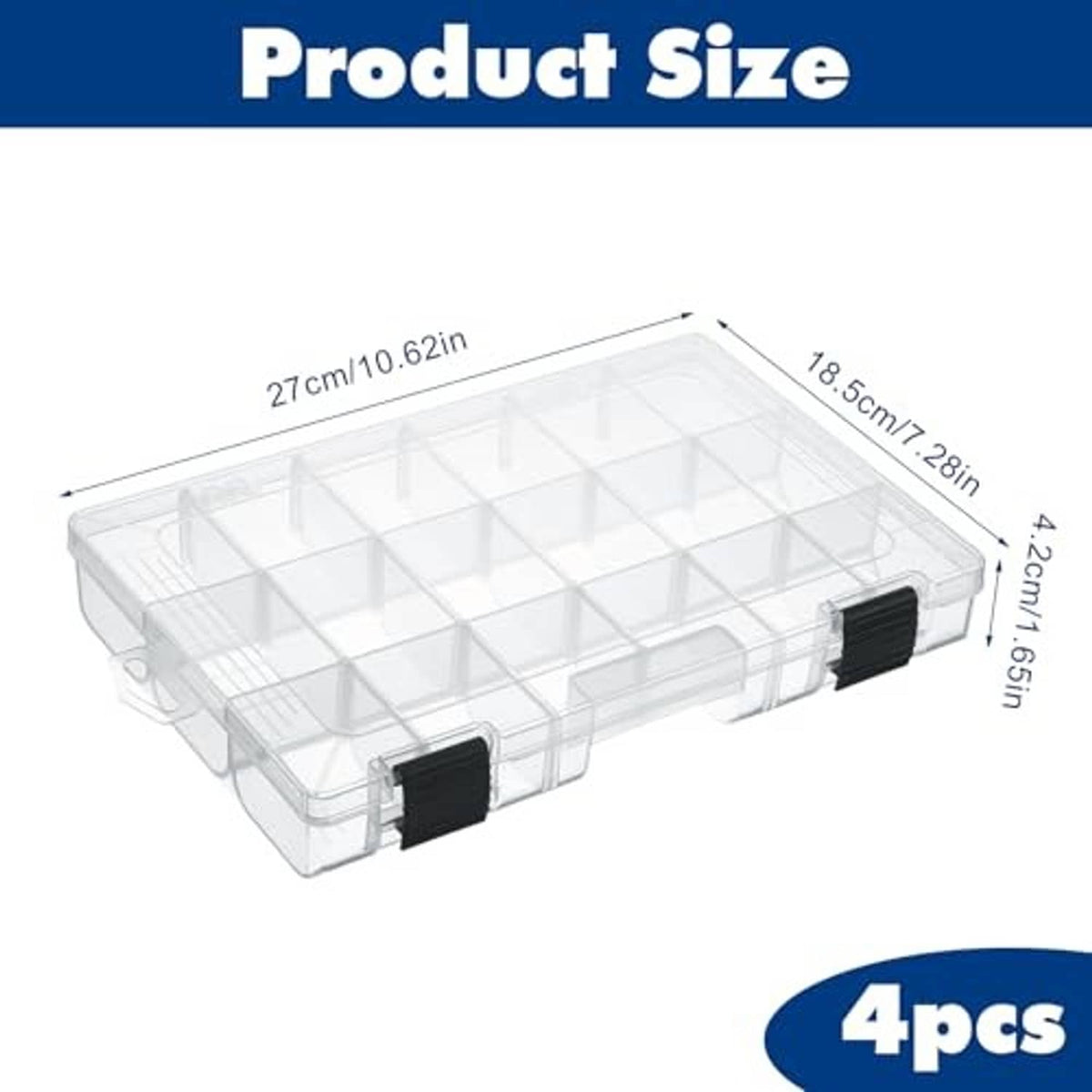 Clear plastic tackle organizer box with removable divider grid and black snap clasps