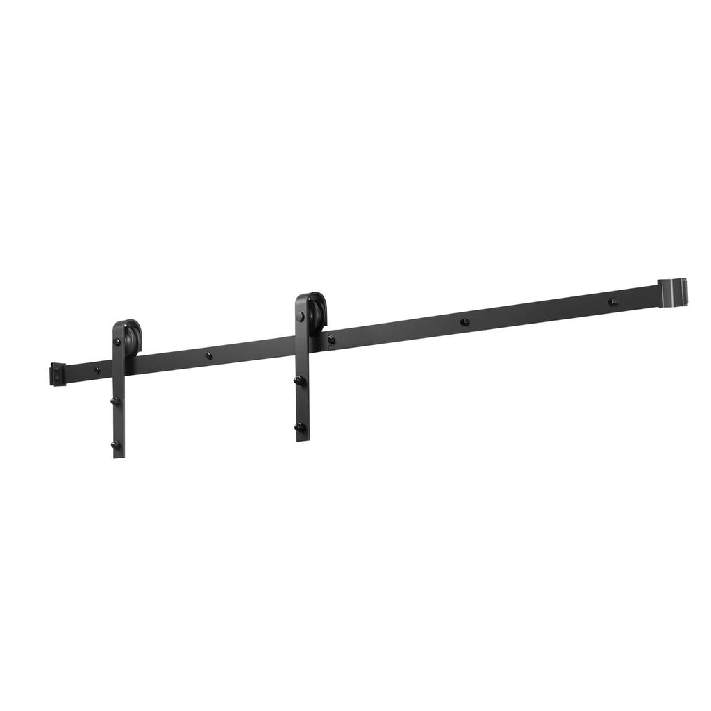 Black barn door track rail with end mounting brackets and roller hangers