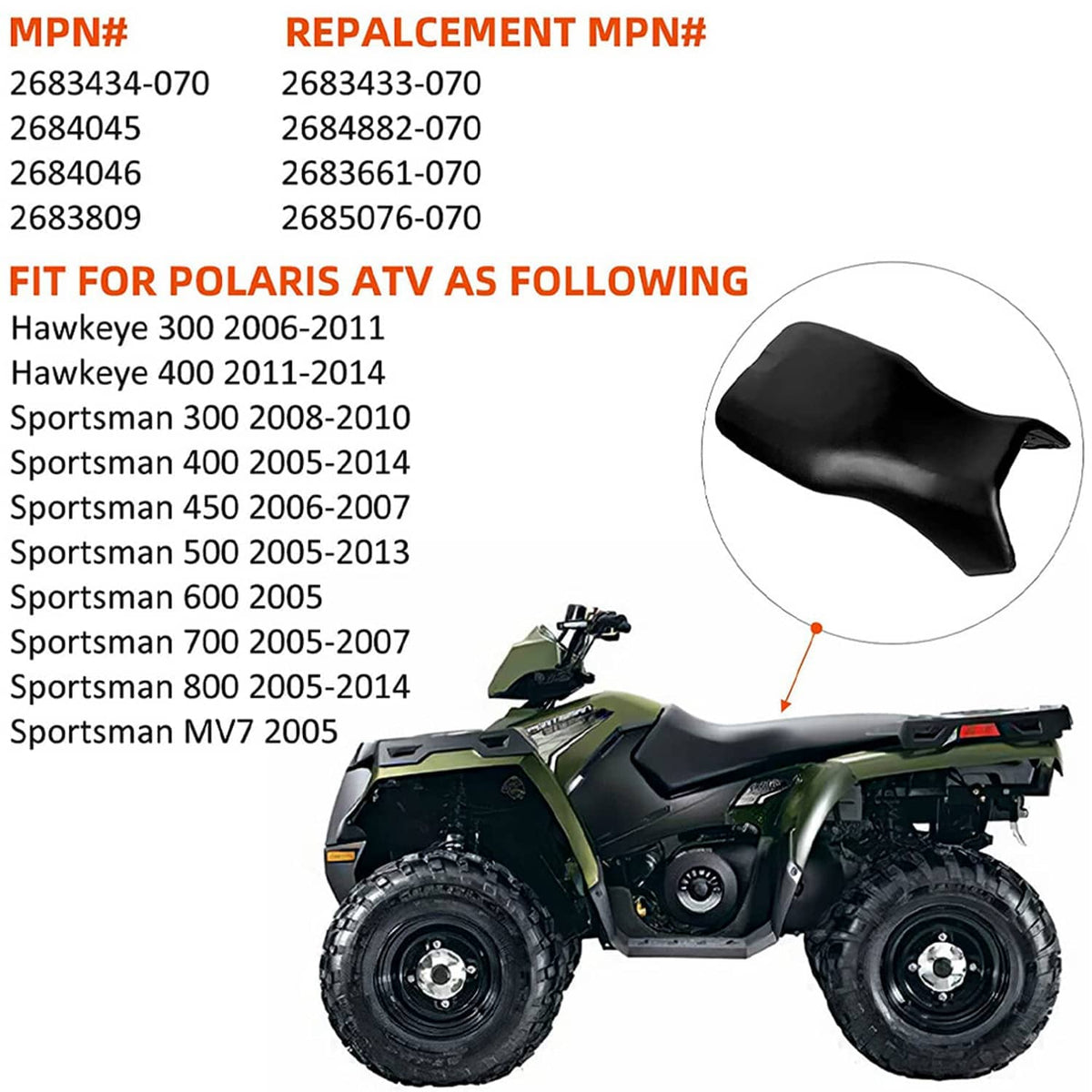Black replacement ATV seat for Polaris applications, shown with fit photo inset