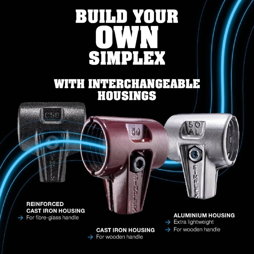 Simplex interchangeables housings display with purple cast-iron and silver aluminum housings.