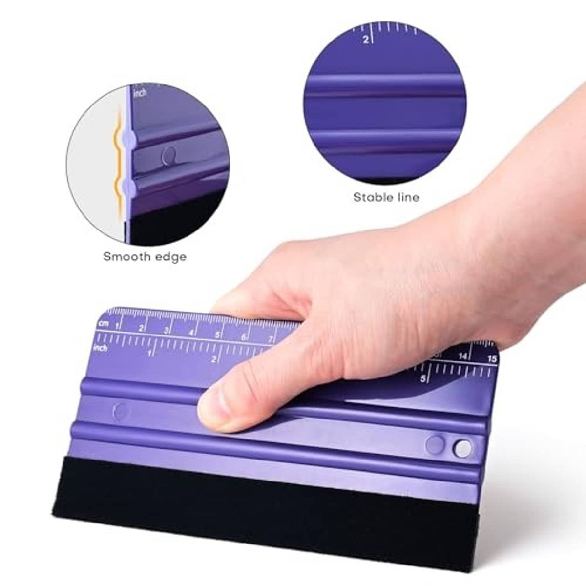 Purple felt squeegee with built-in ruler; hand presses for smooth edge application