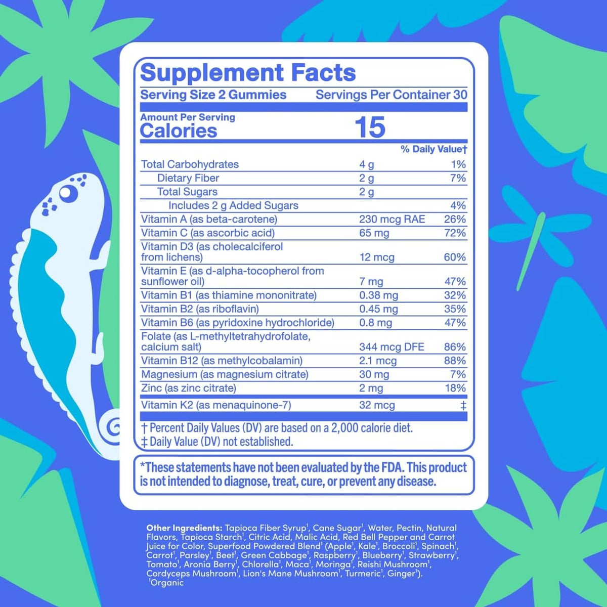 Supplement Facts panel for multivitamin gummies with serving and vitamin amounts