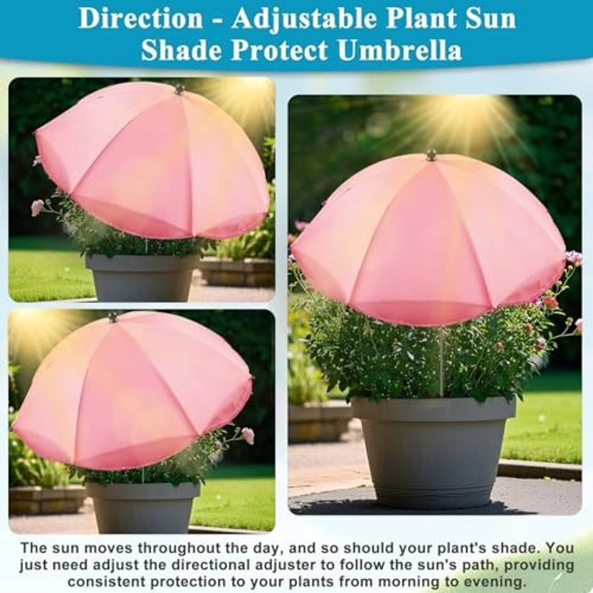 Pink adjustable plant sunshade umbrella over a potted plant in an outdoor garden