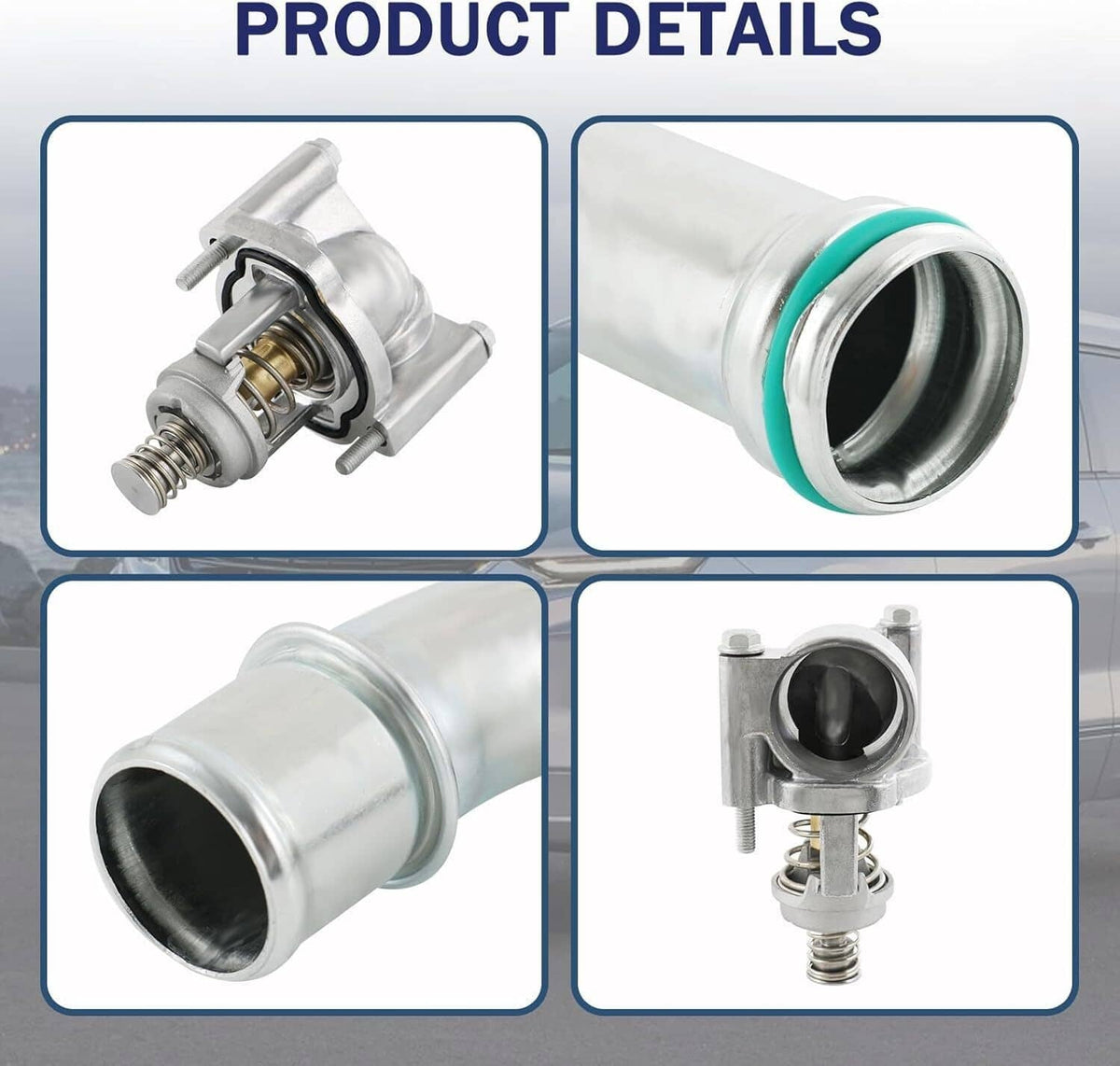 Thermostat housing assembly close-up with green O-ring and silver metal body
