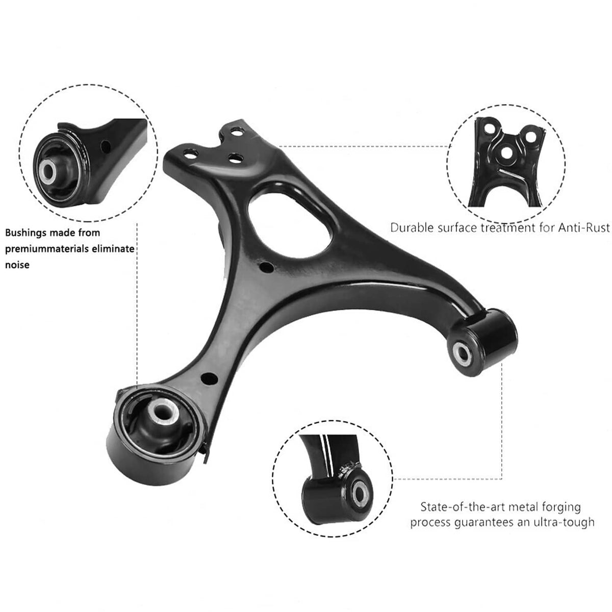 Black front control arm with bushings and ball joint, featuring durable surface treatment