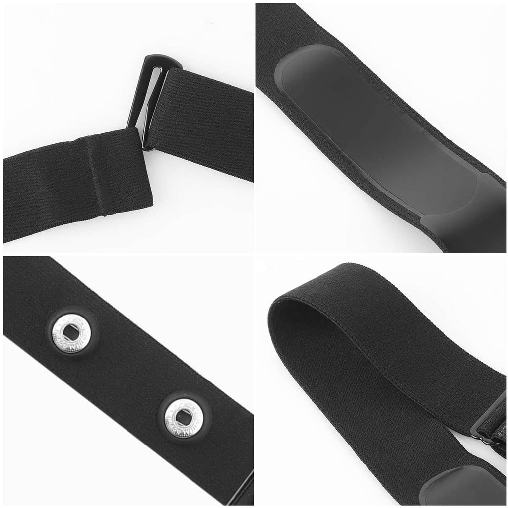 Black chest strap with electrode area fabric and two metal snap tabs