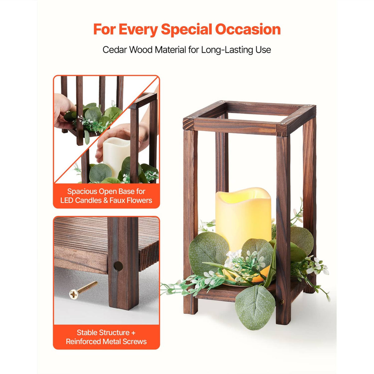 Brown wooden lantern with LED candle and faux eucalyptus leaf wreath centerpiece