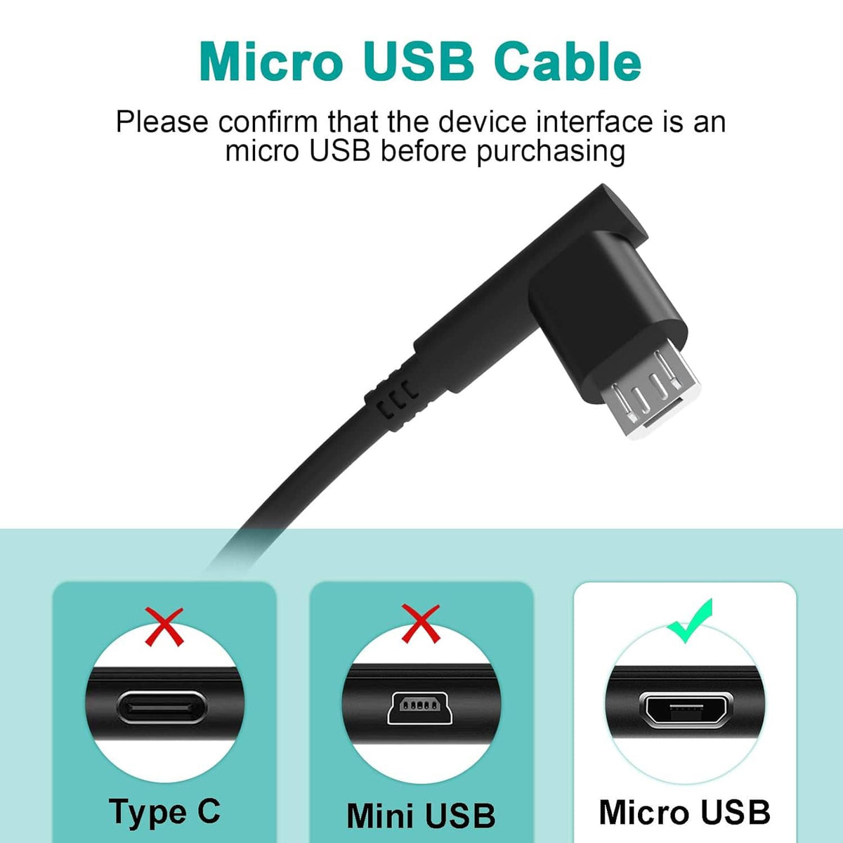 Micro USB cable with one micro-USB end and one USB-A plug, black connector housing.