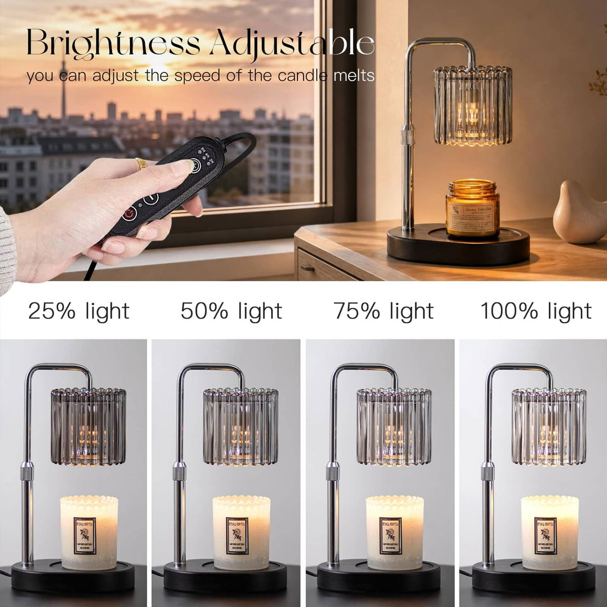 Adjustable wax melt warmer lamp showing remote control and lit candle jar on base