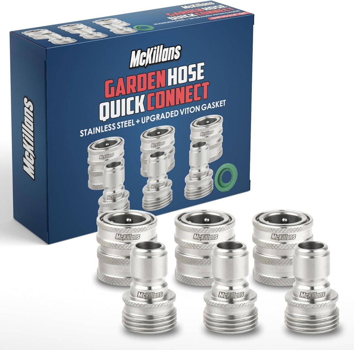 McKillans stainless steel garden hose quick-connect set, 3-pack with multiple couplers