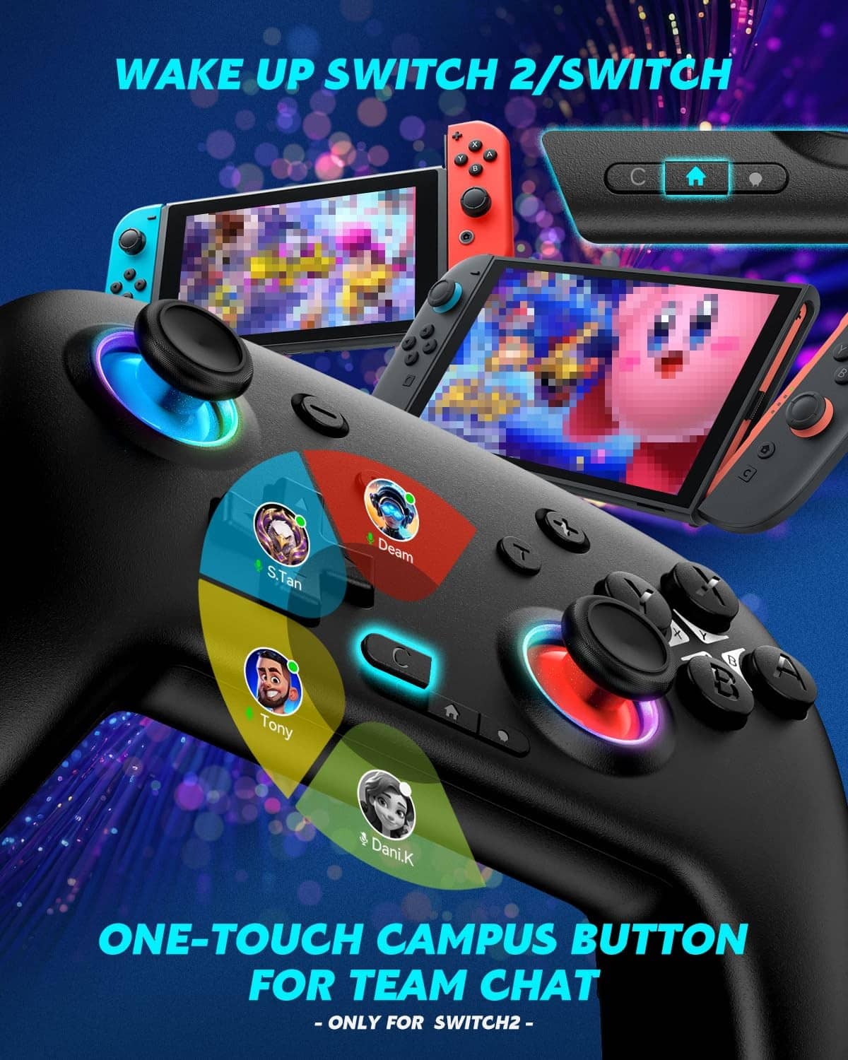 Black Switch compatible controller with two joysticks, four buttons, and RGB light rings