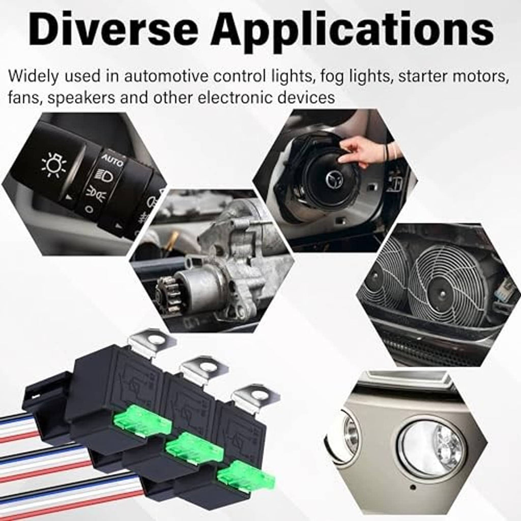 4-pin 12V relay harness set with green terminals shown with automotive lighting and device examples