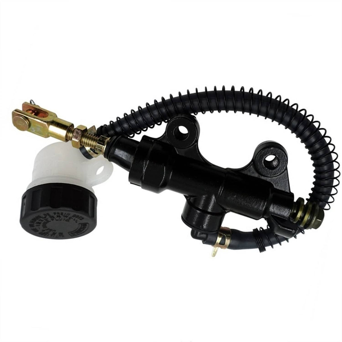 Rear brake master cylinder pump with clear reservoir, metal fittings, and hose