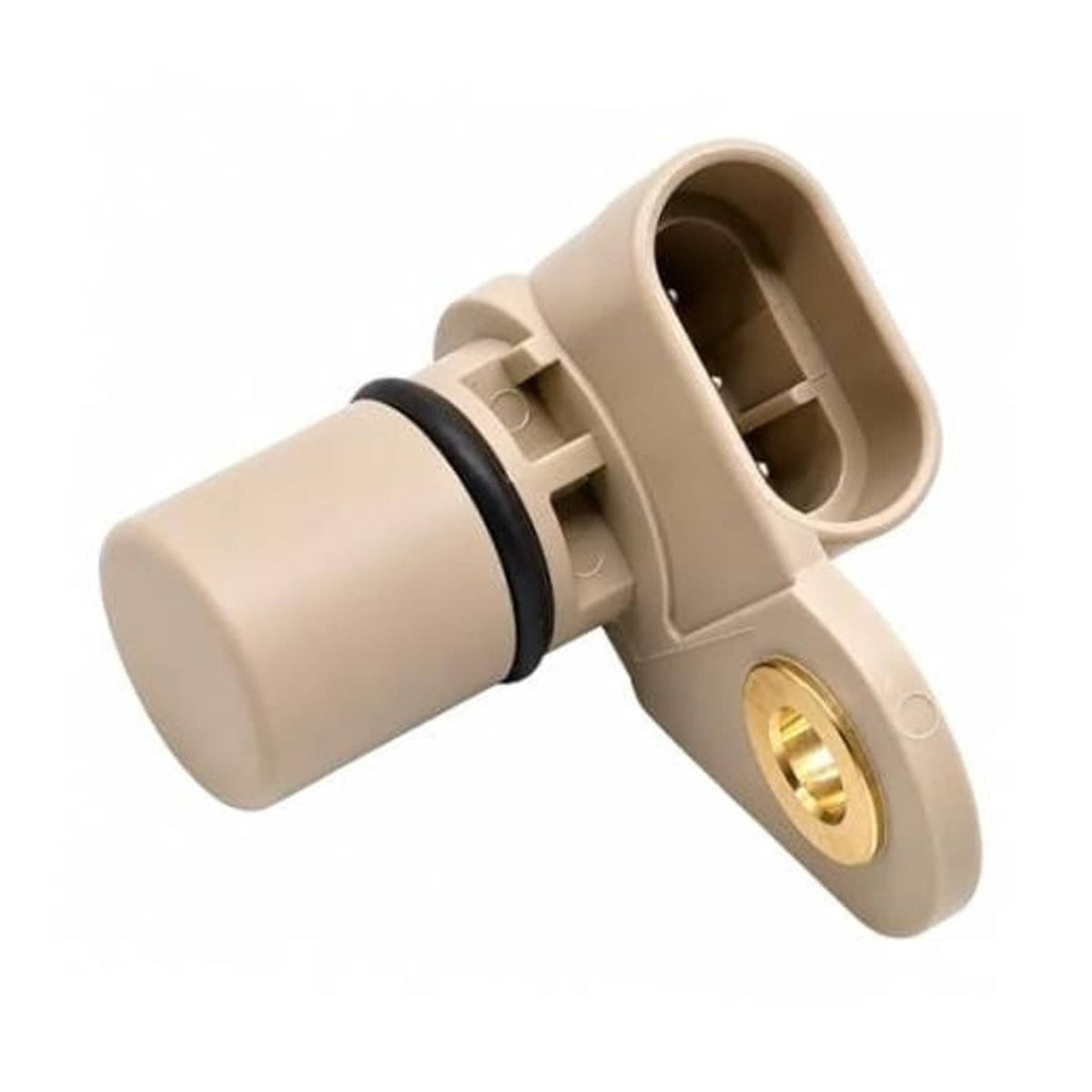 Beige camshaft position sensor with gold mounting flange and black rubber seal