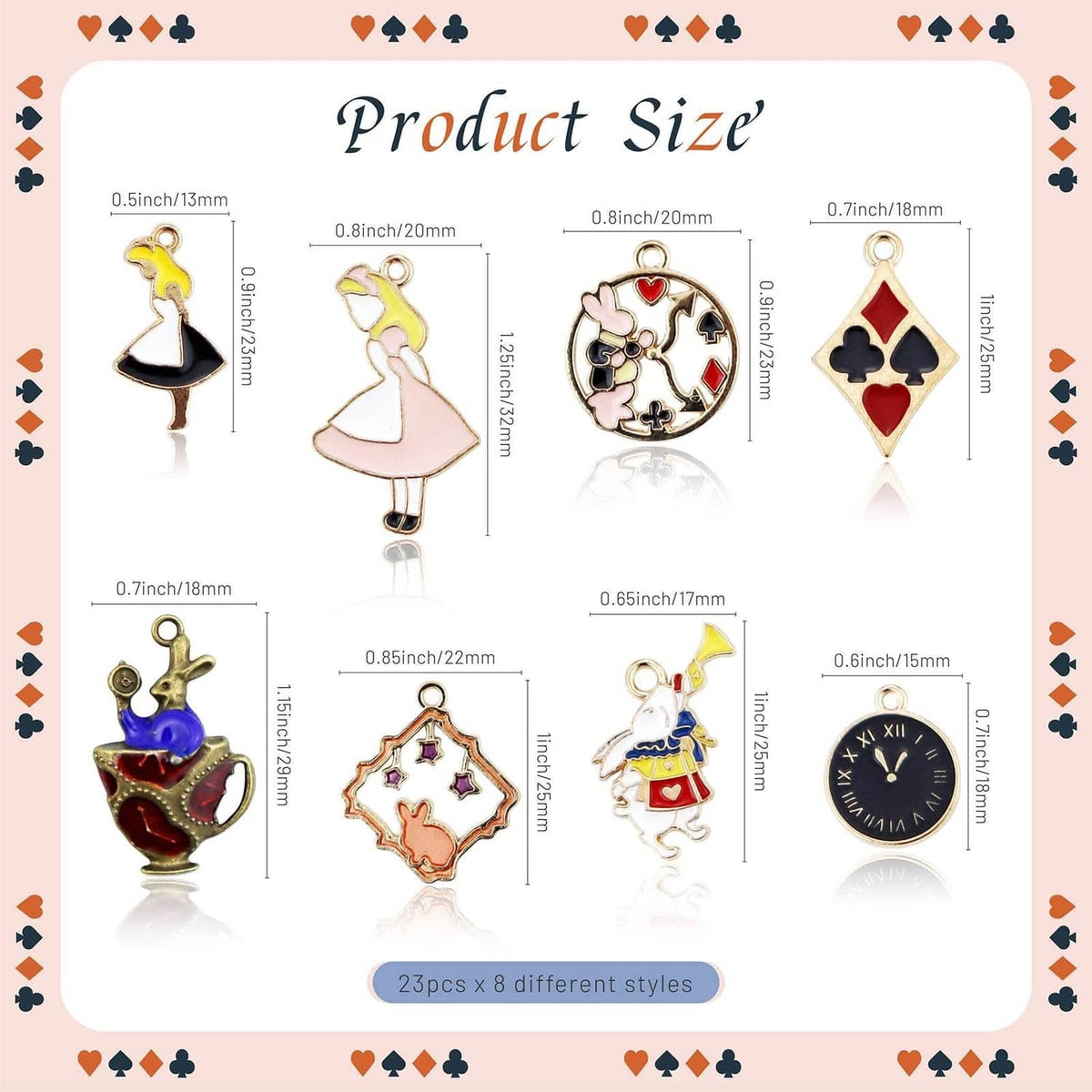 Assorted gold-plated enamel charm pendants shown with size measurements on white background.