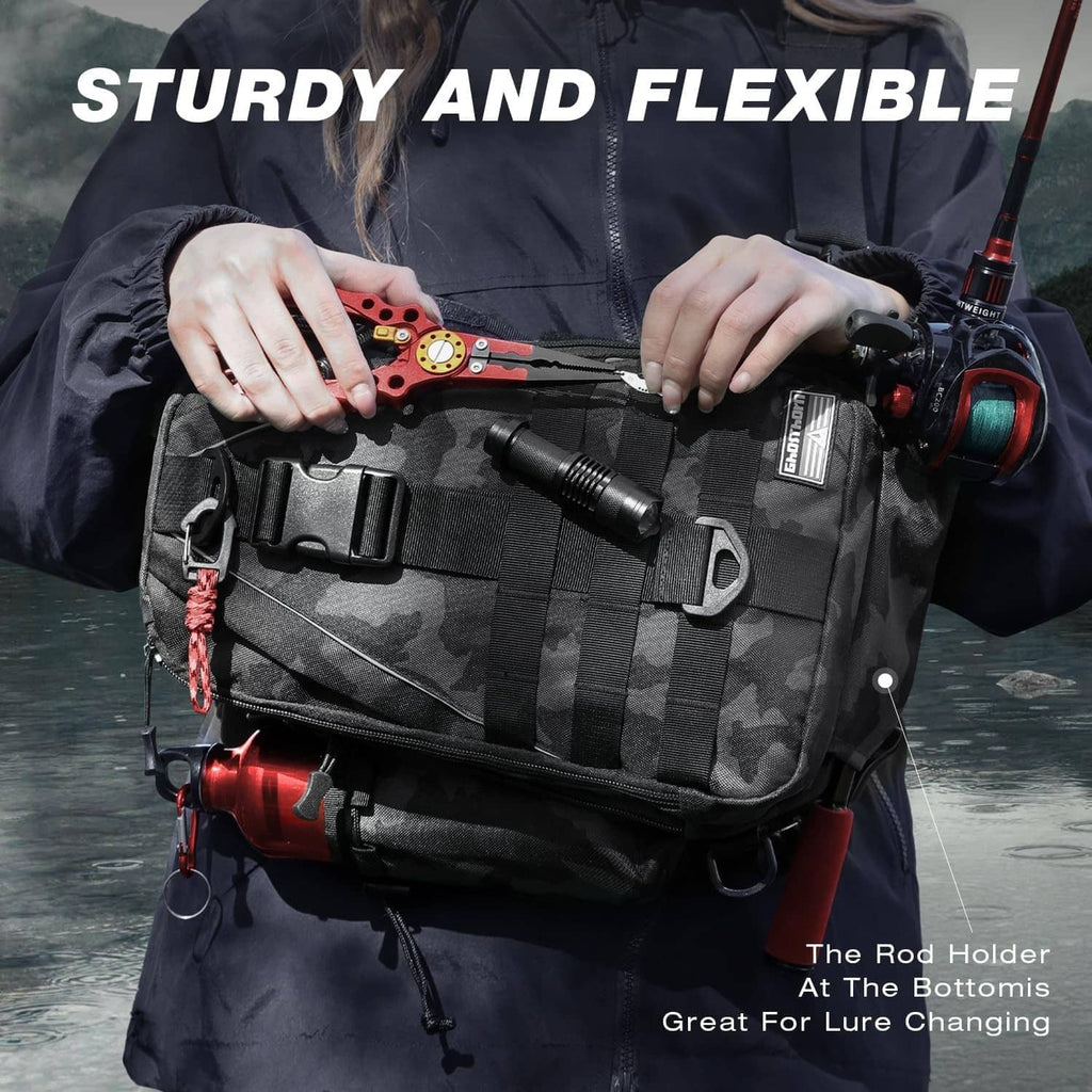 Black camouflage fishing tackle backpack front organizer with tool holders and zip panels