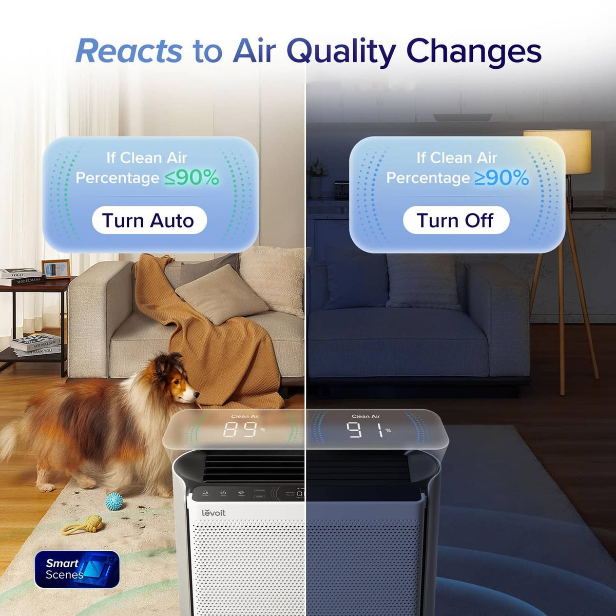 Compact air purifier in silvery grey and white with control display and black top