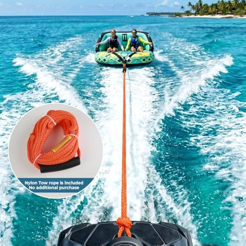 Towable inflatable tube with included orange nylon tow rope and dual rider seat