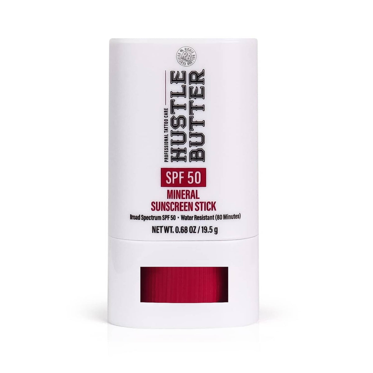 Hustle Butter Tattoo Aftercare mineral sunscreen stick, SPF 50, white tube and cap