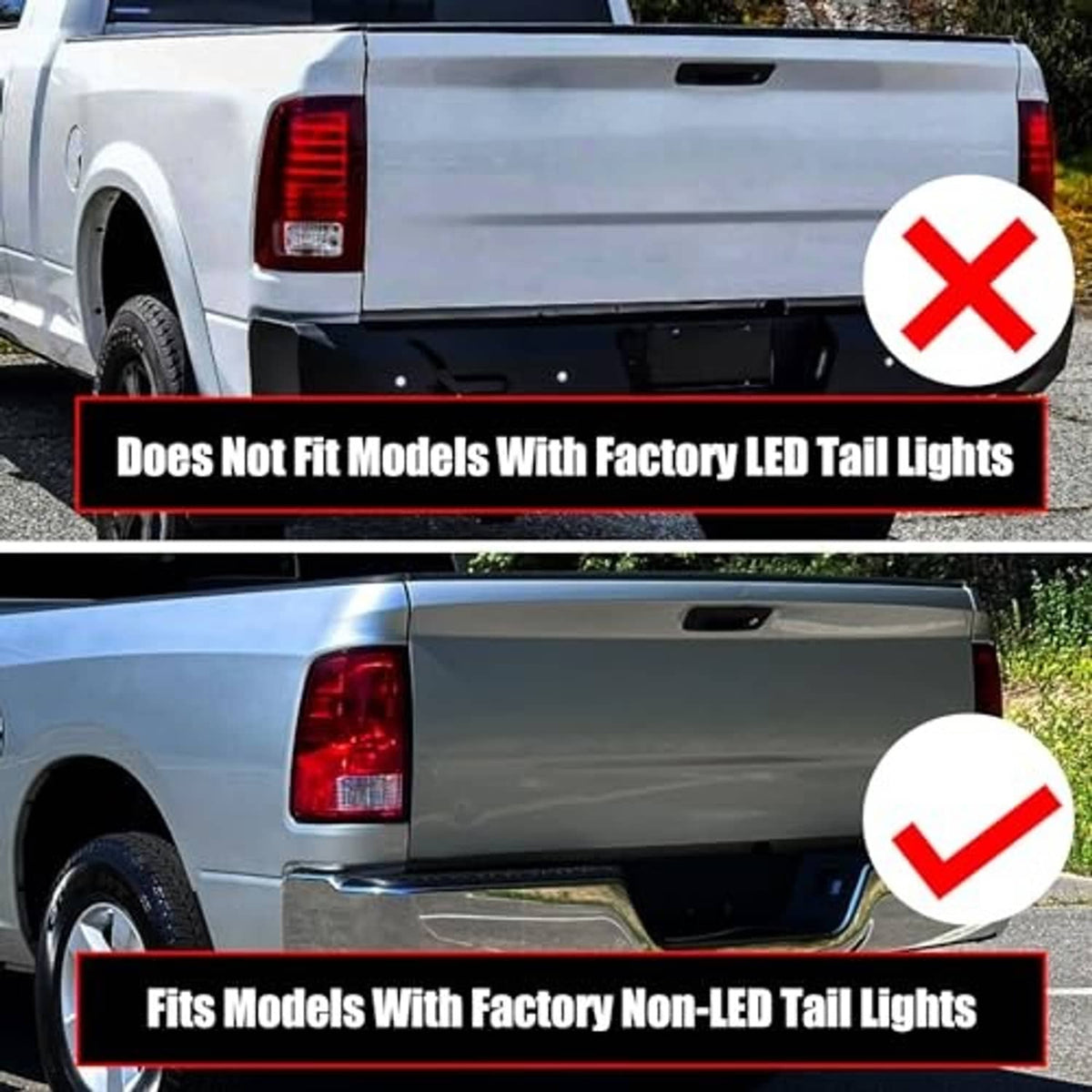 Rear tail light fitment comparison with red cross and green check icons
