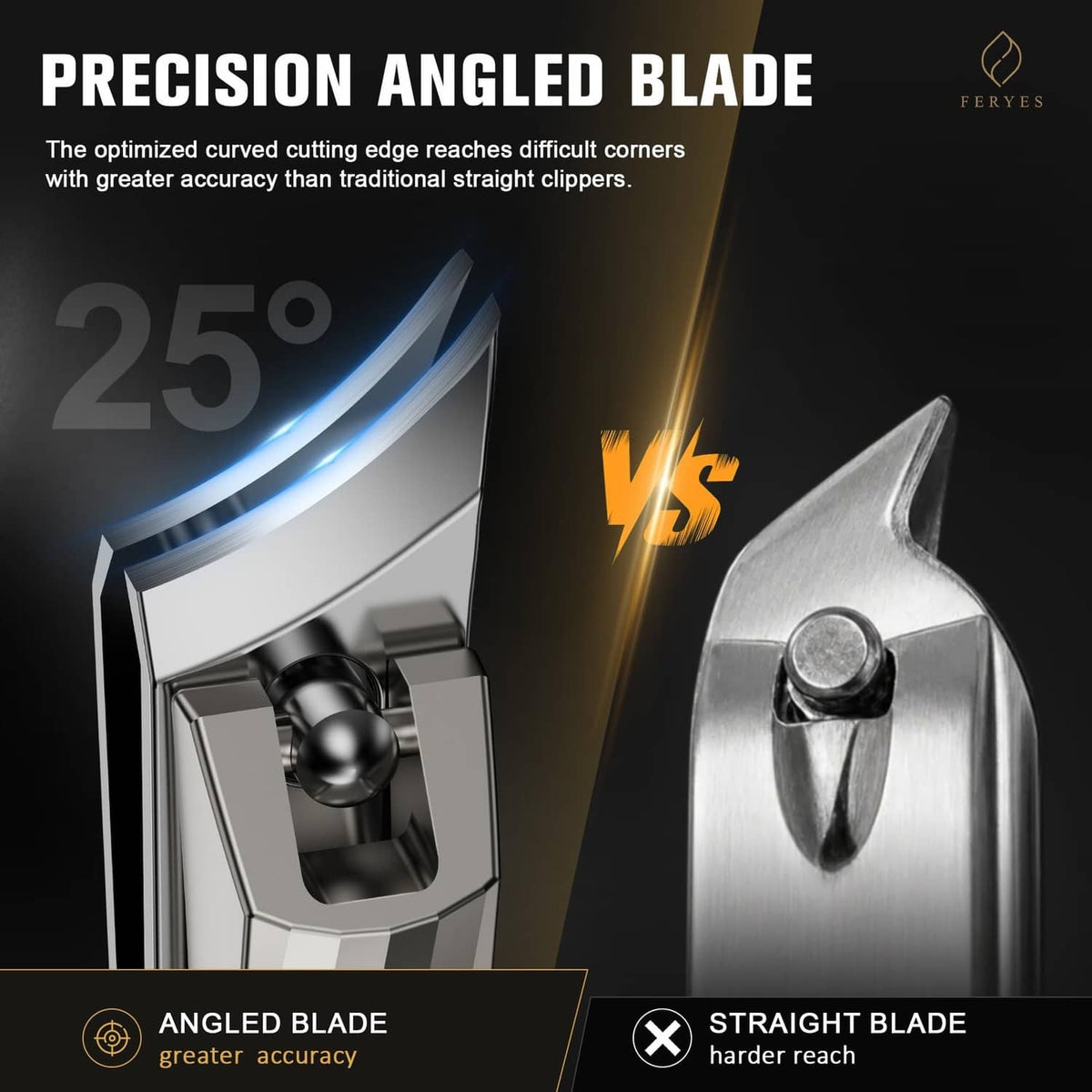 Angled blade toenail clipper, close-up of curved cutting edge.