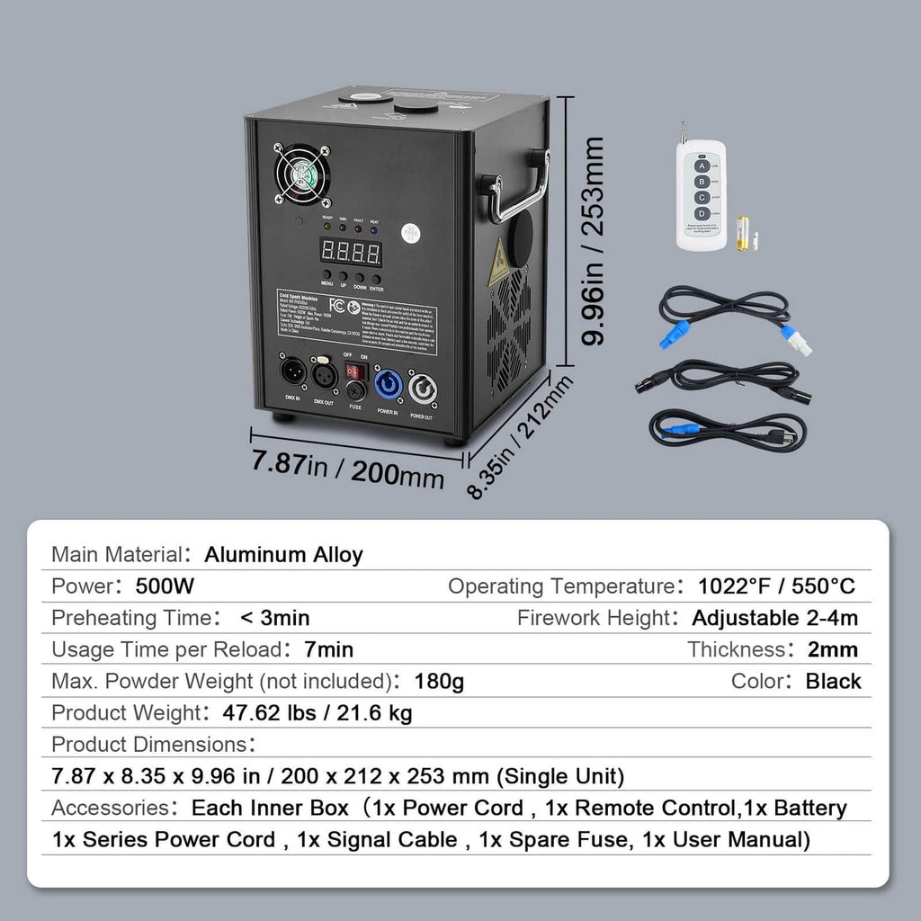 Cold spark firework machine with dimensions callouts and remote control accessories