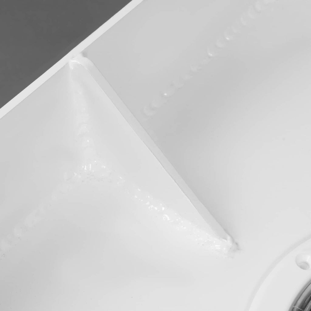 White outboard bracket mounting corner with base edge and screw hole