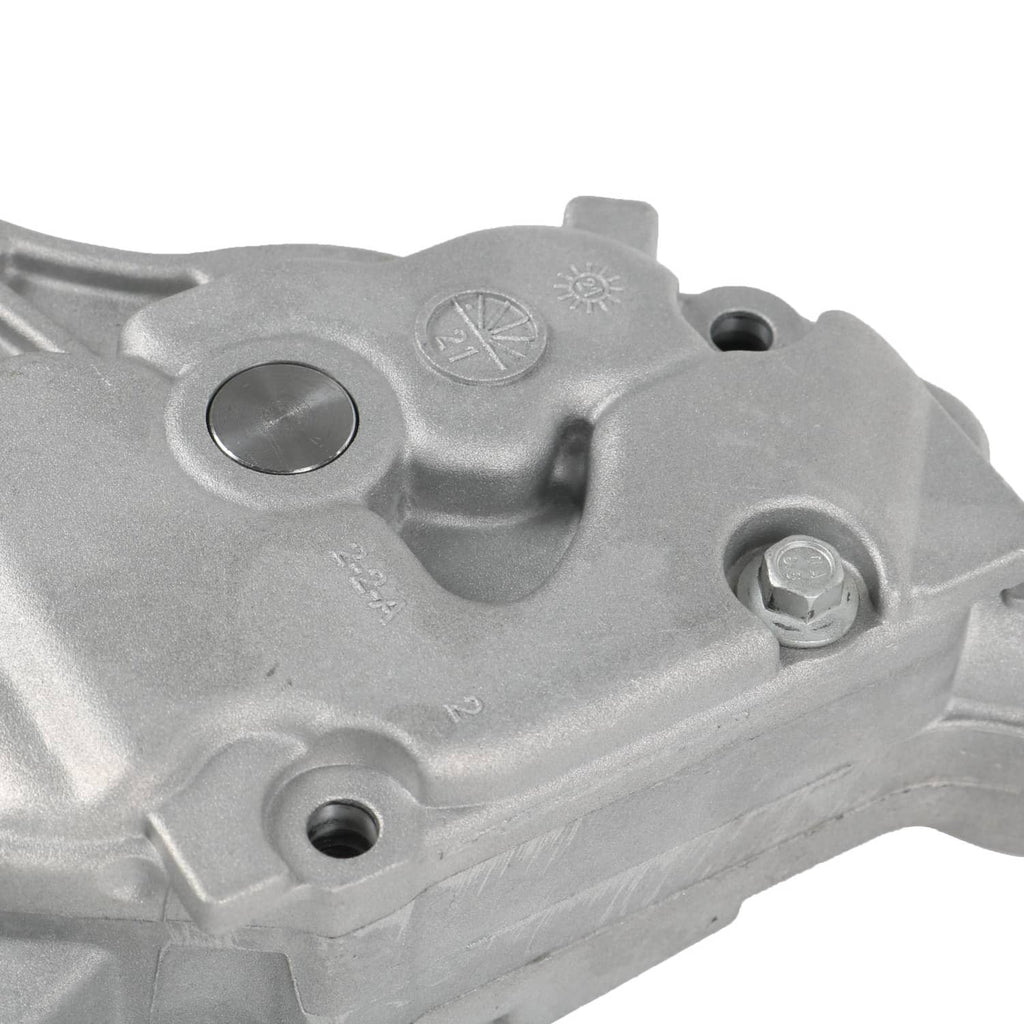 Oil pump top cover with stamped markings and bolt holes, aluminum body