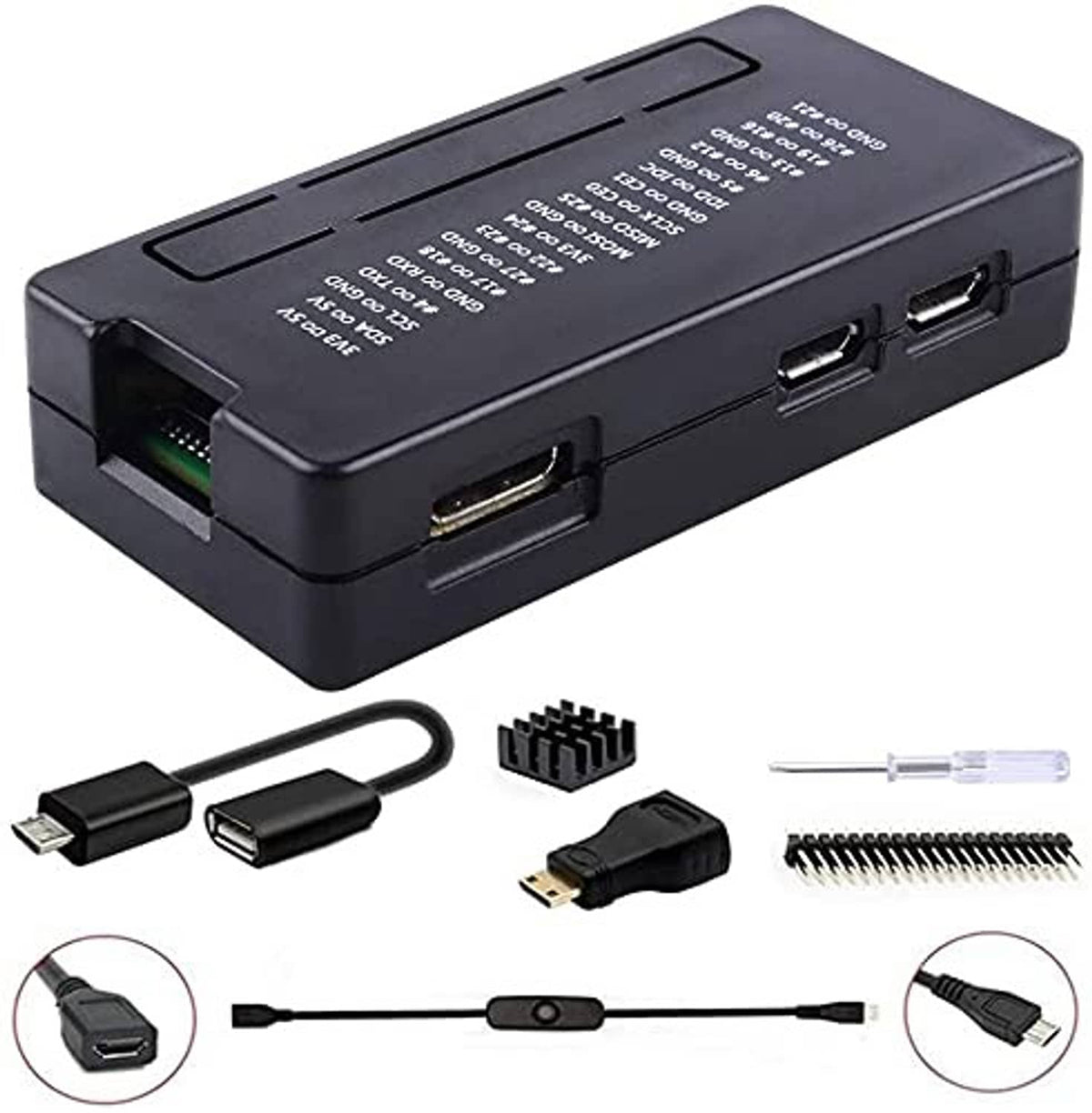 Black Raspberry Pi Zero 2 W case with dual USB ports and HDMI cutout